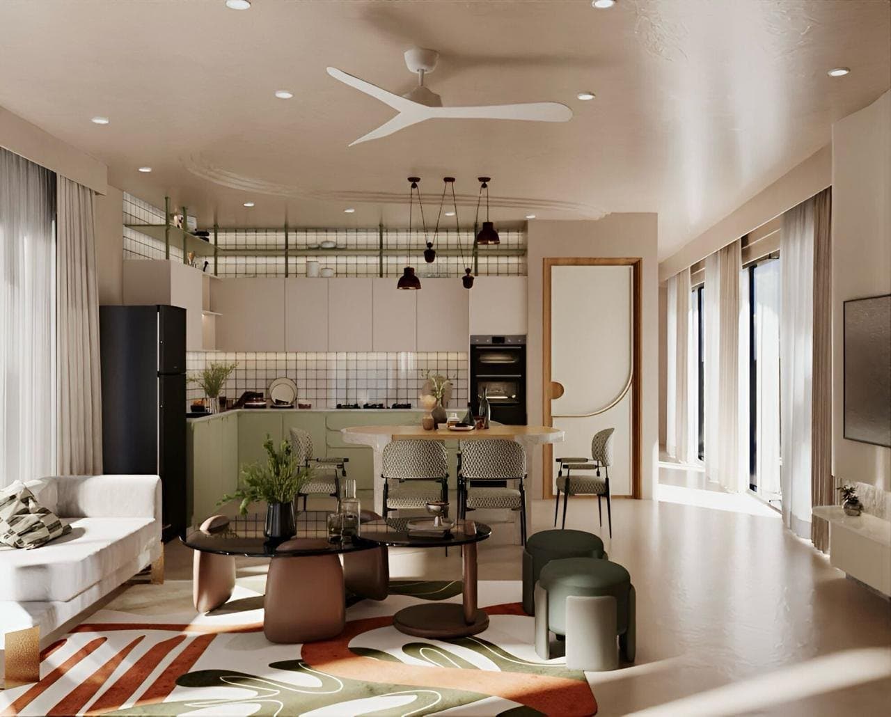 Open-plan living, dining and kitchen with expansive glass and natural light