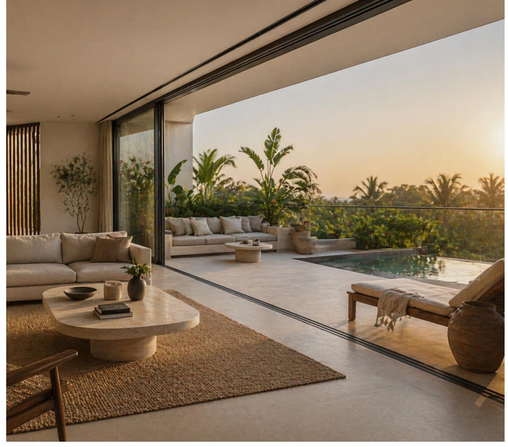 Penthouse terrace at golden hour overlooking the Socorro valley